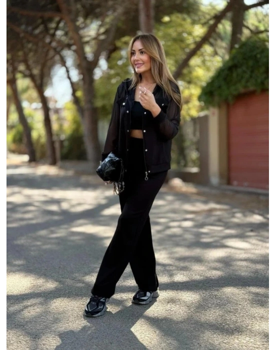 Kadın Uzun Kollu Tül Detaylı önü Düğmeli Viskon Iki Iplik Ceket Ve Pantolon Ikili Takım