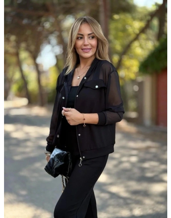 Kadın Uzun Kollu Tül Detaylı önü Düğmeli Viskon Iki Iplik Ceket Ve Pantolon Ikili Takım