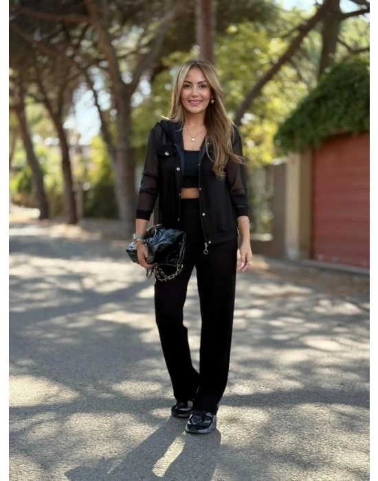 Kadın Uzun Kollu Tül Detaylı önü Düğmeli Viskon Iki Iplik Ceket Ve Pantolon Ikili Takım