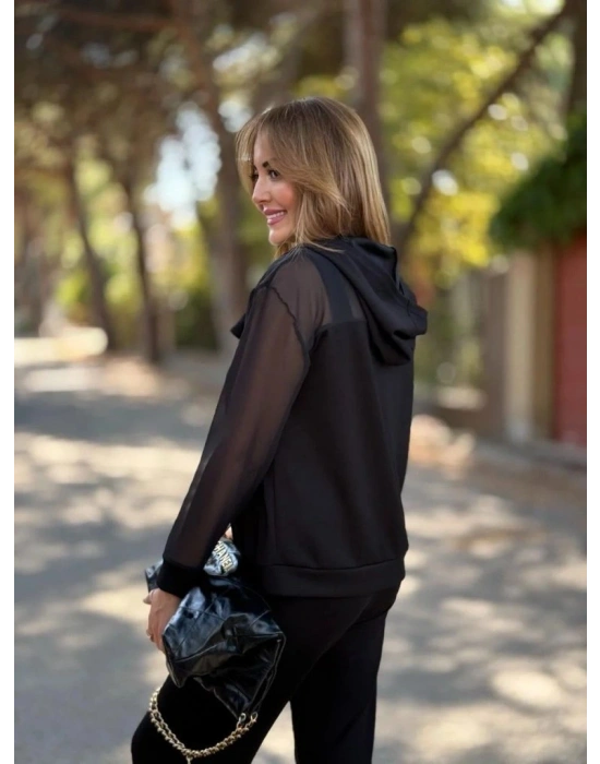 Kadın Uzun Kollu Tül Detaylı önü Düğmeli Viskon Iki Iplik Ceket Ve Pantolon Ikili Takım