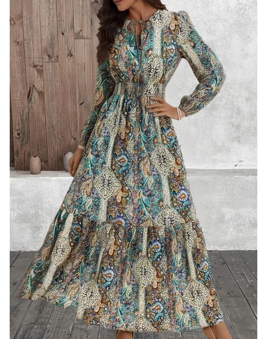 Kadın Uzun Kollu Uakadabağcıklı Beli Lastikli Desenli Uzun Süprem Elbise