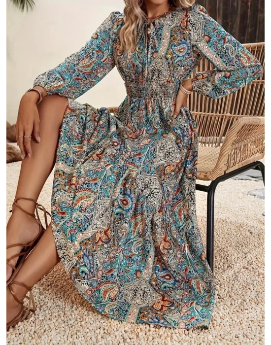 Kadın Uzun Kollu Uakadabağcıklı Beli Lastikli Desenli Uzun Süprem Elbise