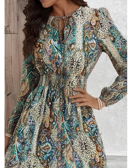 Kadın Uzun Kollu Uakadabağcıklı Beli Lastikli Desenli Uzun Süprem Elbise