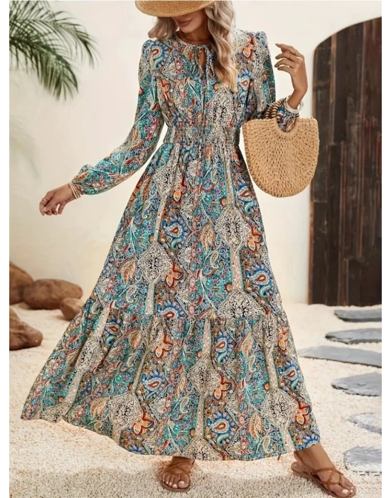 Kadın Uzun Kollu Uakadabağcıklı Beli Lastikli Desenli Uzun Süprem Elbise