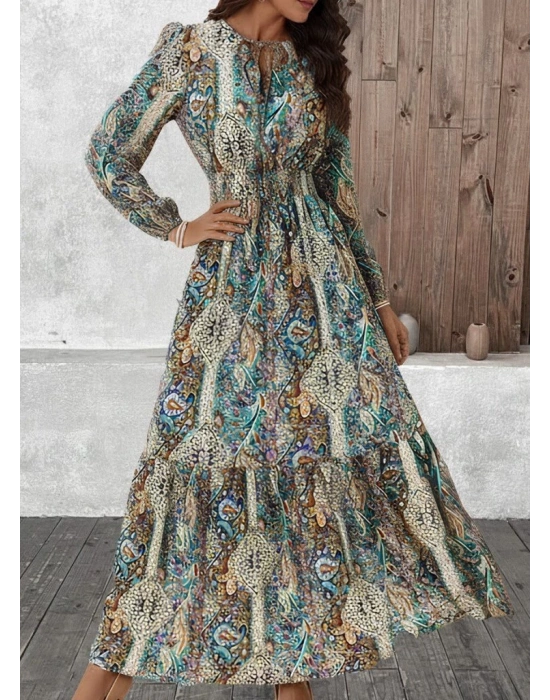 Kadın Uzun Kollu Uakadabağcıklı Beli Lastikli Desenli Uzun Süprem Elbise