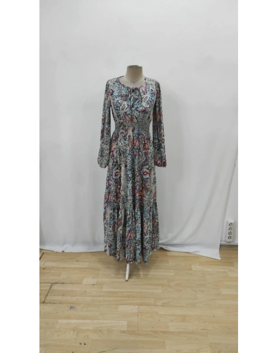 Kadın Uzun Kollu Uakadabağcıklı Beli Lastikli Desenli Uzun Süprem Elbise