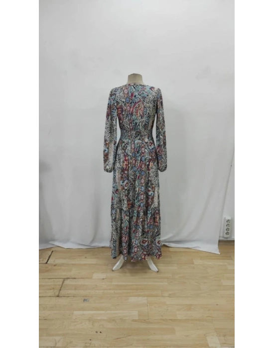 Kadın Uzun Kollu Uakadabağcıklı Beli Lastikli Desenli Uzun Süprem Elbise