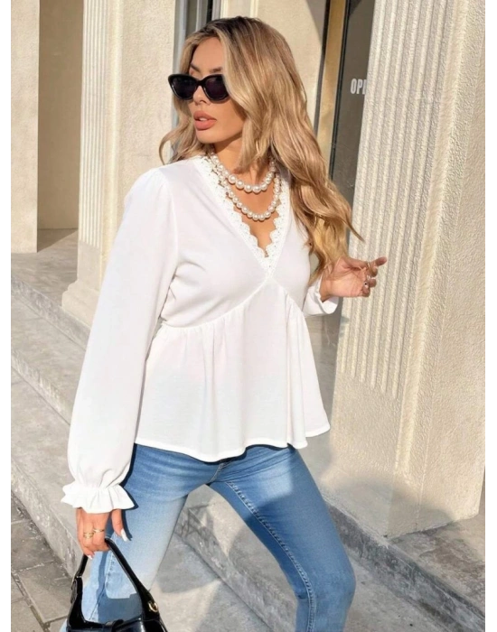Kadın Uzun Kollu V Dantel Yaka Aerobin Bluz