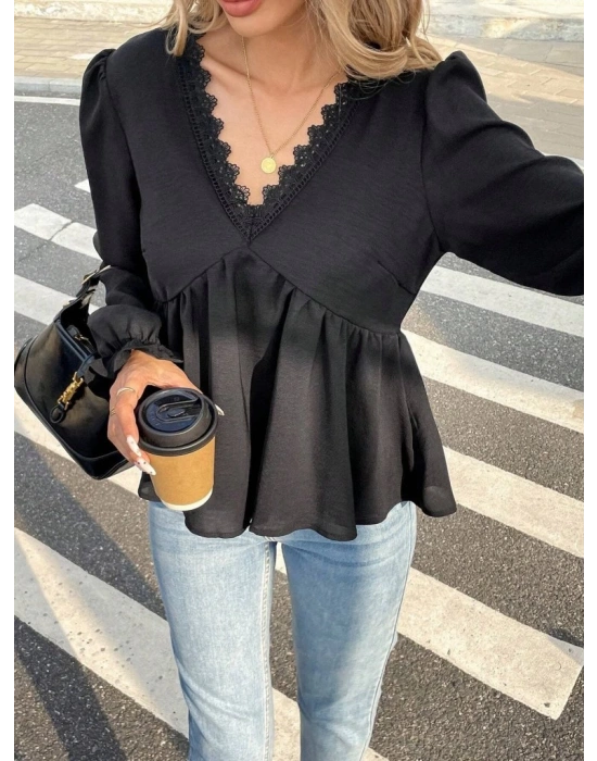 Kadın Uzun Kollu V Dantel Yaka Aerobin Bluz