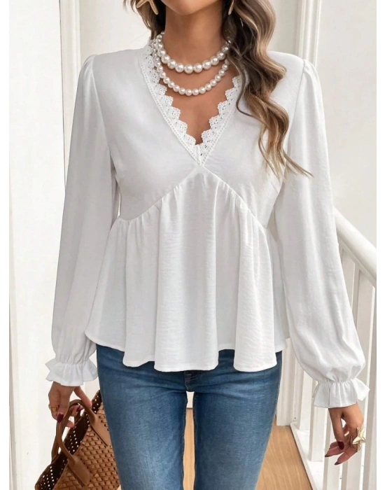 Kadın Uzun Kollu V Dantel Yaka Aerobin Bluz