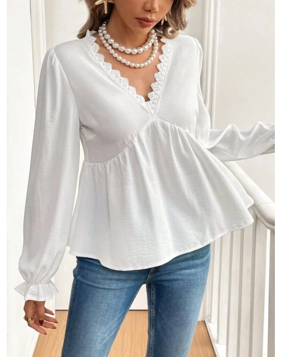 Kadın Uzun Kollu V Dantel Yaka Aerobin Bluz