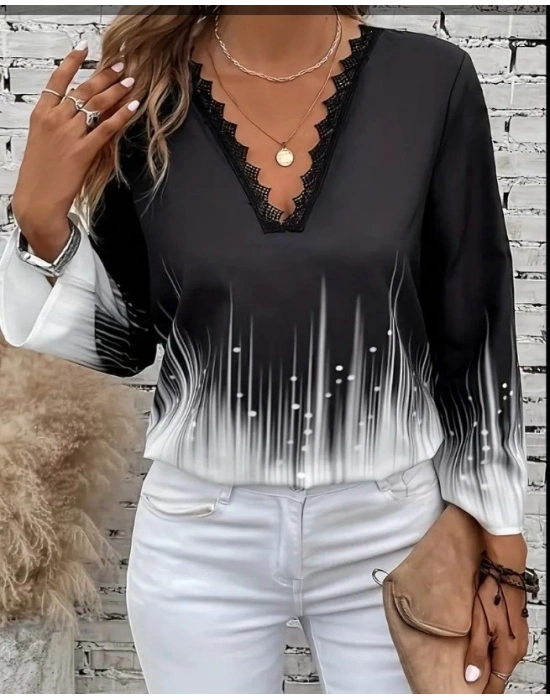 Kadın Uzun Kollu V Dantel Yaka Desenli Modal Bluz