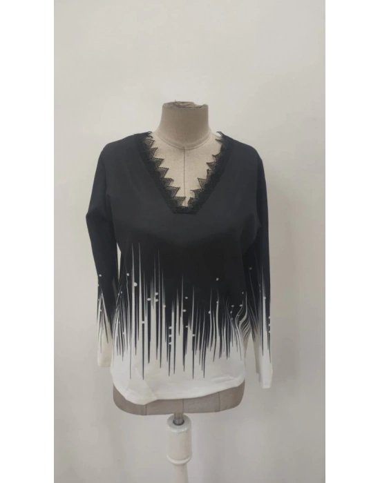 Kadın Uzun Kollu V Dantel Yaka Desenli Modal Bluz