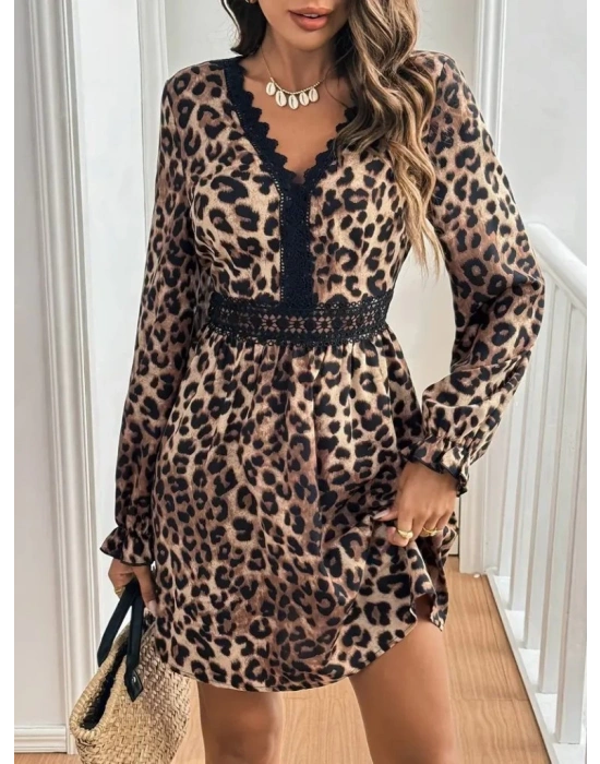 Kadın Uzun Kollu V Dantel Yakalı Leopar Desenli Modal Mini Elbise
