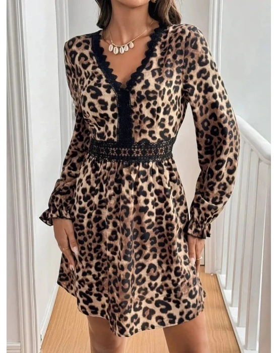 Kadın Uzun Kollu V Dantel Yakalı Leopar Desenli Modal Mini Elbise
