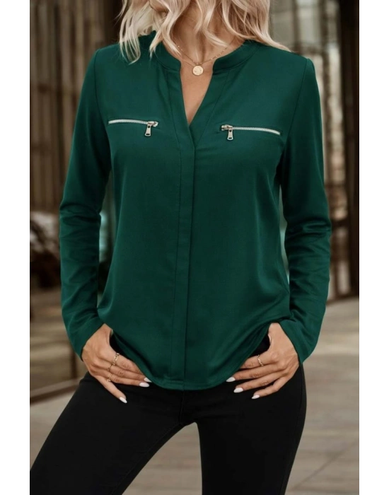 Kadın Uzun Kollu V Hakim Yaka Fermuar Detaylı Viskon Bluz