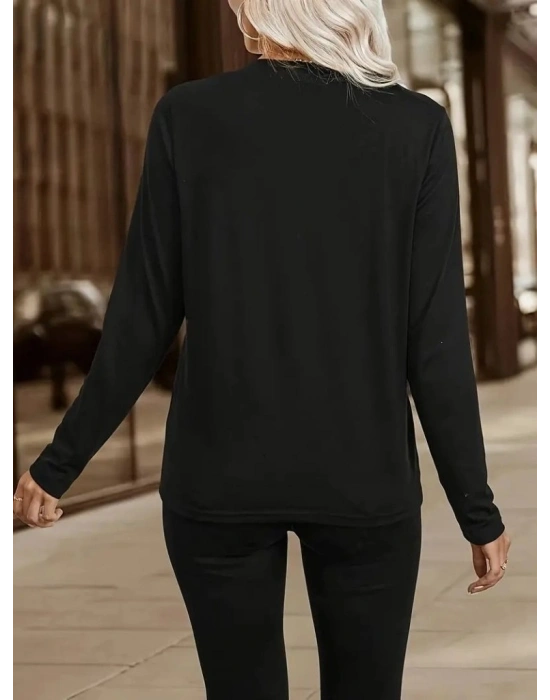 Kadın Uzun Kollu V Hakim Yaka Fermuar Detaylı Viskon Bluz