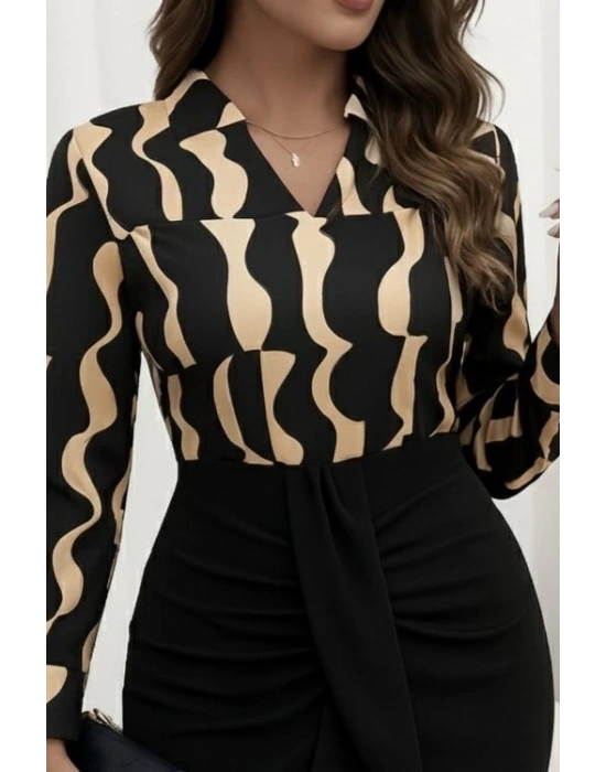 Kadın Uzun Kollu V Hakim Yakalı Desenli Dalgıç Bluz Ve önden Büzgülü Krep Ikili Takım