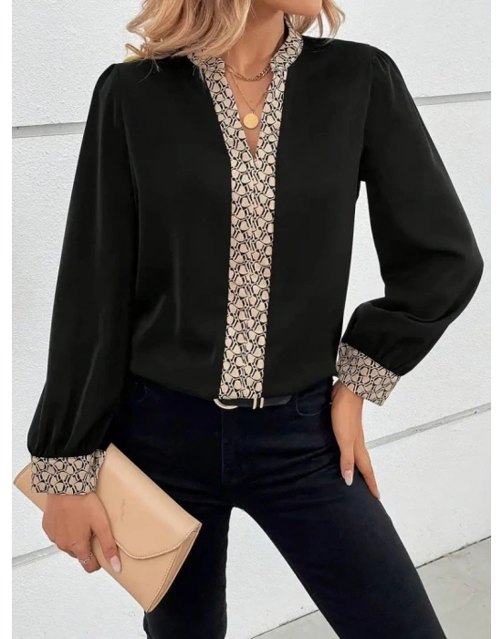 Kadın Uzun Kollu V Hakim Yakalı Desenli Ithal Krep Bluz