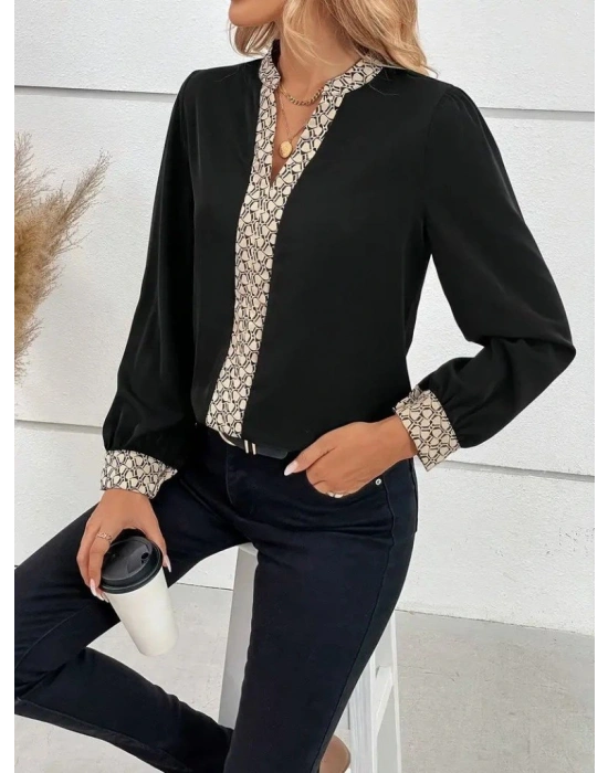 Kadın Uzun Kollu V Hakim Yakalı Desenli Ithal Krep Bluz