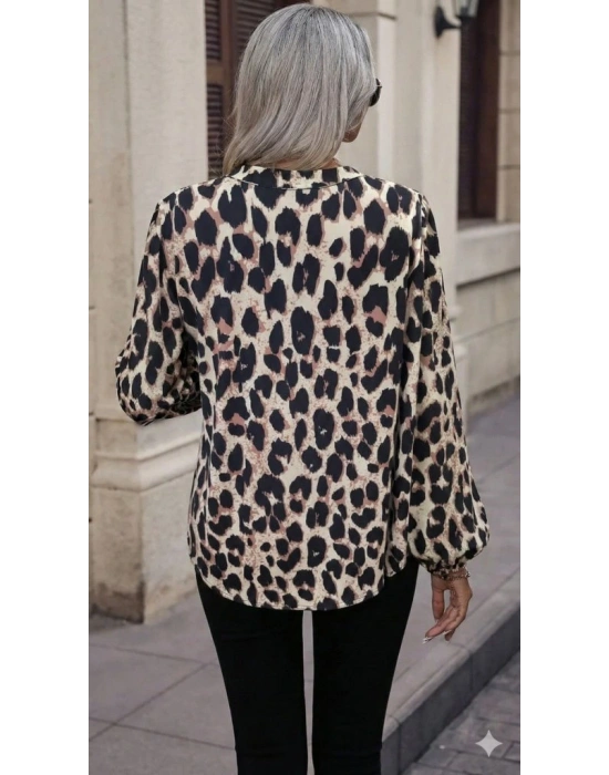 Kadın Uzun Kollu V Hakim Yakalı Leopar Desenli Süprem Bluz