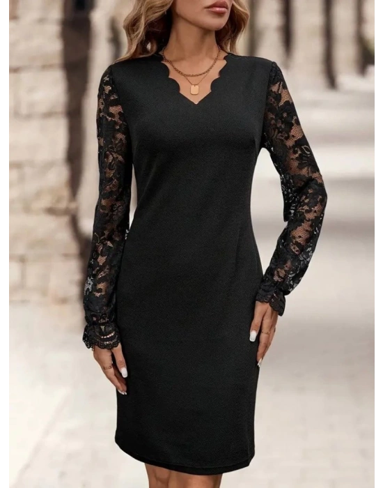 Kadın Uzun Kollu V Lazer Kesim Detaylı Kısa Ithal Krep Elbise