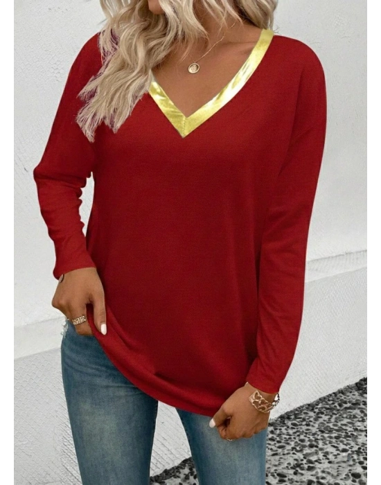Kadın Uzun Kollu V Parlak Yaka Detaylı Viskon Bluz