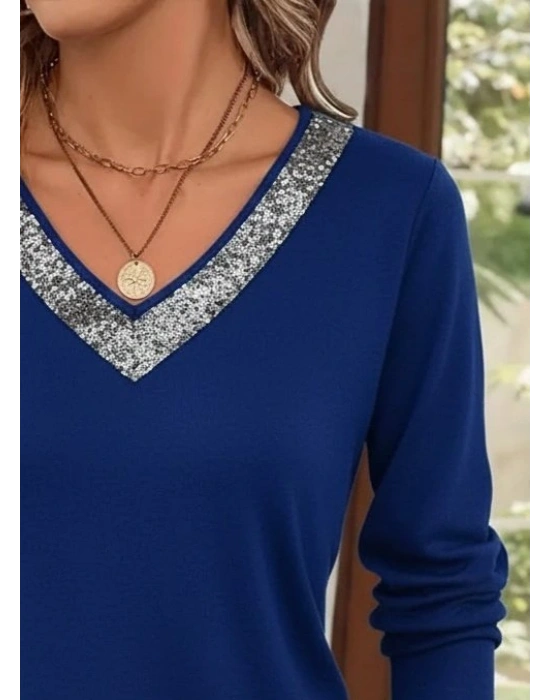 Kadın Uzun Kollu V Payet Yakalı Viskon Bluz