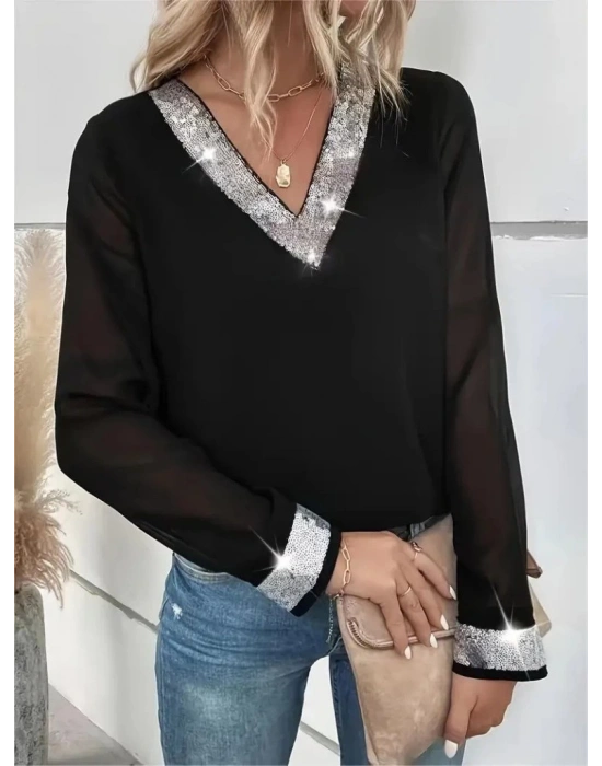 Kadın Uzun Kollu V Pulpayet Yakalı Ithal Krep Bluz