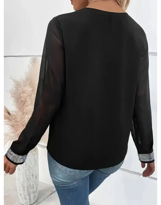Kadın Uzun Kollu V Pulpayet Yakalı Ithal Krep Bluz