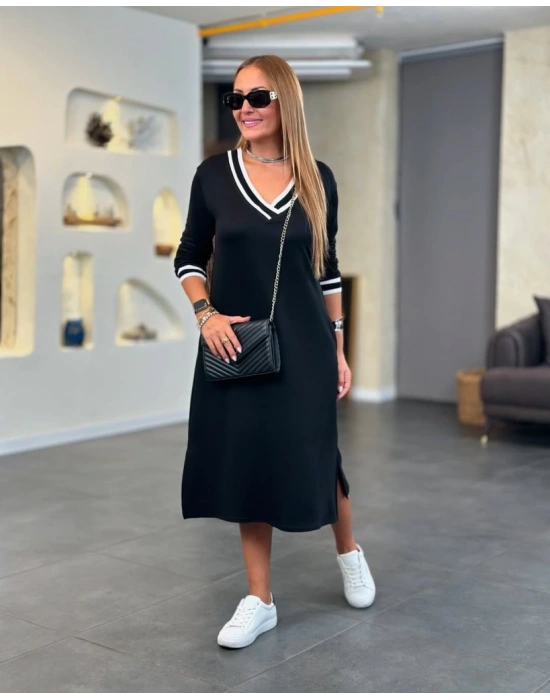 Kadın Uzun Kollu V Ribana Yakalı Yanlardan Yırtmaçlı Midi Viskon Iki Iplik Elbise