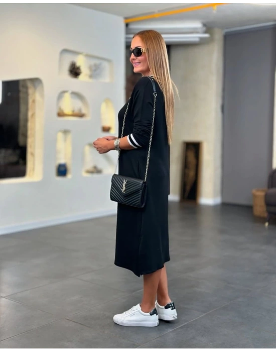 Kadın Uzun Kollu V Ribana Yakalı Yanlardan Yırtmaçlı Midi Viskon Iki Iplik Elbise