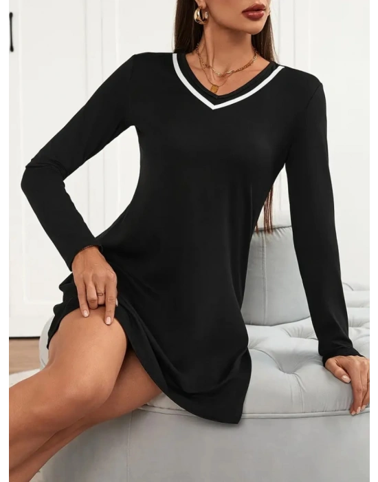 Kadın Uzun Kollu V şerit Yakalı Kısa Viskon Iki Iplik Elbise