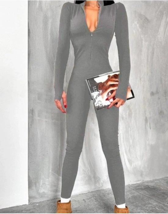 Kadın Uzun Kollu V Yaka Baş Parmak Geçirmeli Detay Kaşkorse Tulum