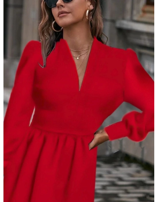 Kadın Uzun Kollu V Yaka Belden Hafif Pileli Scuba Krep Mini Boy Elbise