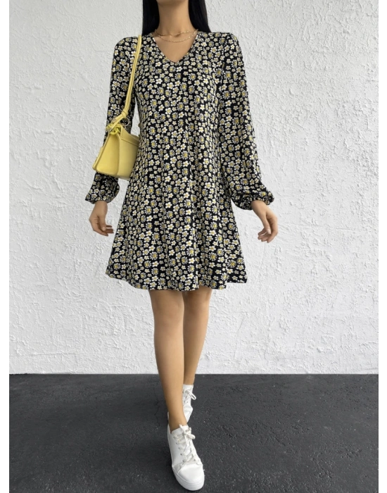 Kadın Uzun Kollu V Yaka çiçek Desenli Helen Kumaş Elbise