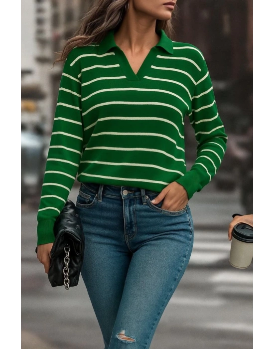 Kadın Uzun Kollu V Yaka çizgili Triko Bluz