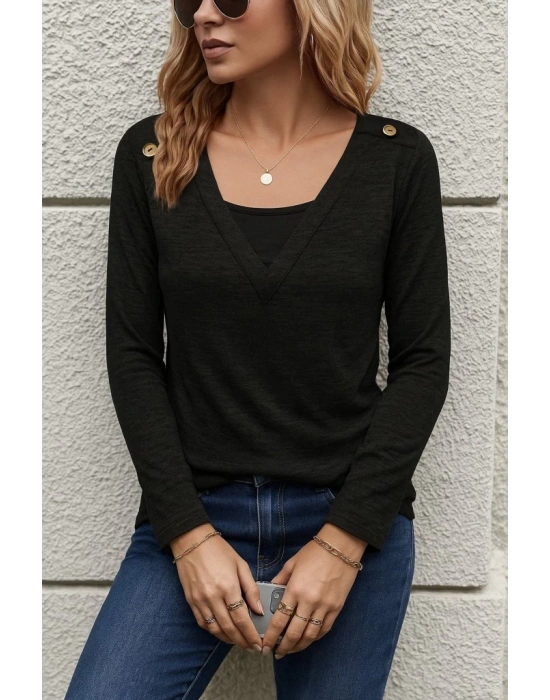 Kadın Uzun Kollu V Yaka Düğme Detaylı Yumoş Bluz