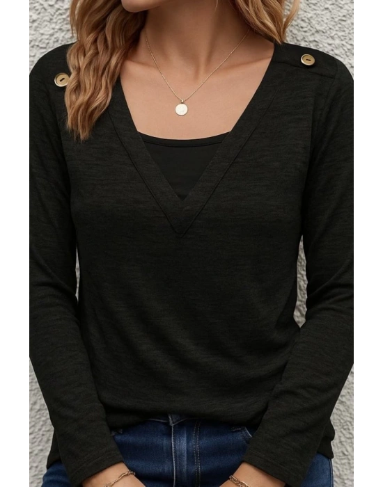 Kadın Uzun Kollu V Yaka Düğme Detaylı Yumoş Bluz