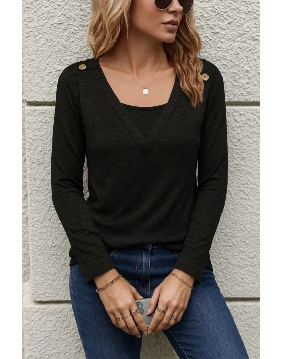 Kadın Uzun Kollu V Yaka Düğme Detaylı Yumoş Bluz