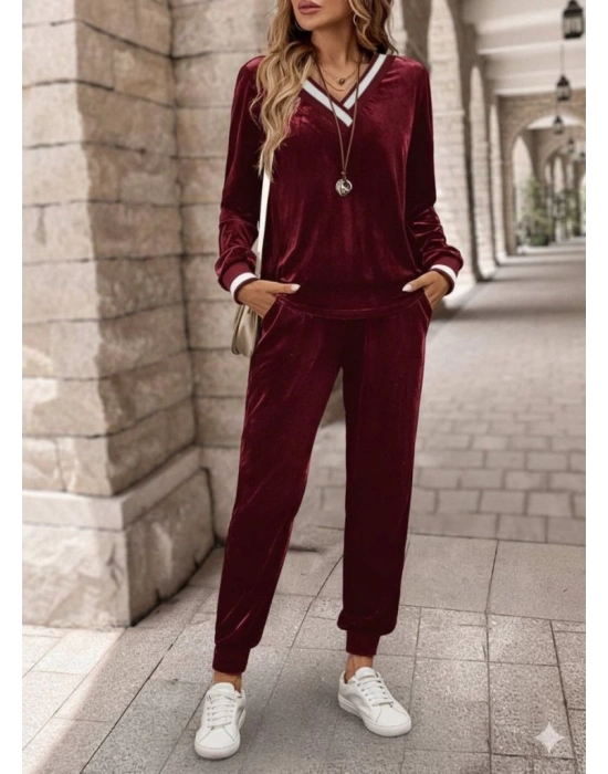 Kadın Uzun Kollu V Yaka Kadife Bluz Ve Pantolon Ikili Takım