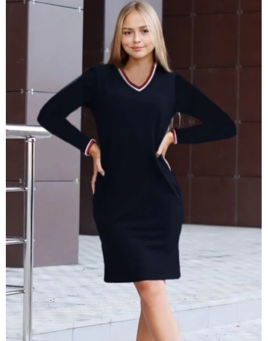 Kadın Uzun Kollu V Yaka Kol Ağzı Ve Yaka Ribana Detaylı Iki Iplik Mini Boy Elbise