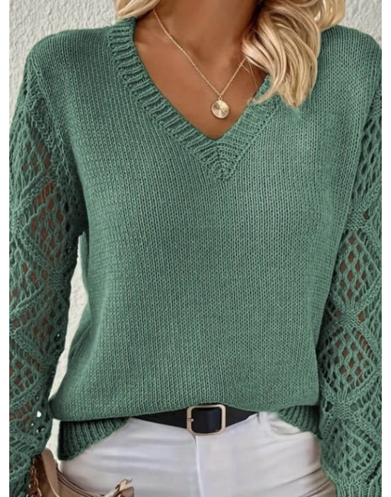 Kadın Uzun Kollu V Yaka Kol Delikli Baklava Desen Detaylı Triko Kazak