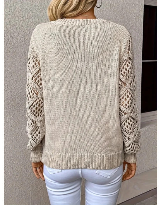 Kadın Uzun Kollu V Yaka Kol Delikli Baklava Desen Detaylı Triko Kazak