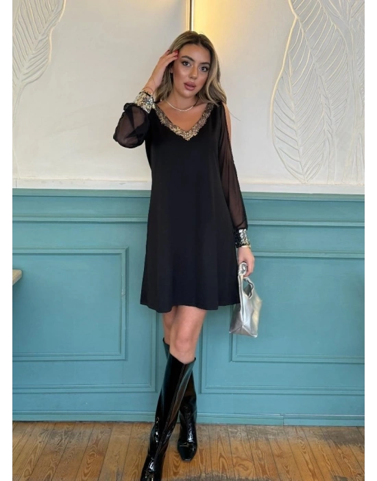 Kadın Uzun Kollu V Yaka Kollar Tül Yırtmaç Detay Kol Manşetleri Ve Yaka Payet Krep Elbise