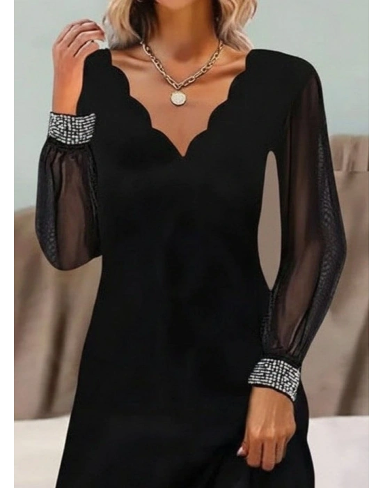 Kadın Uzun Kollu V Yaka Lazer Kesimli Tül Detaylı Mini Ithal Krep Elbise