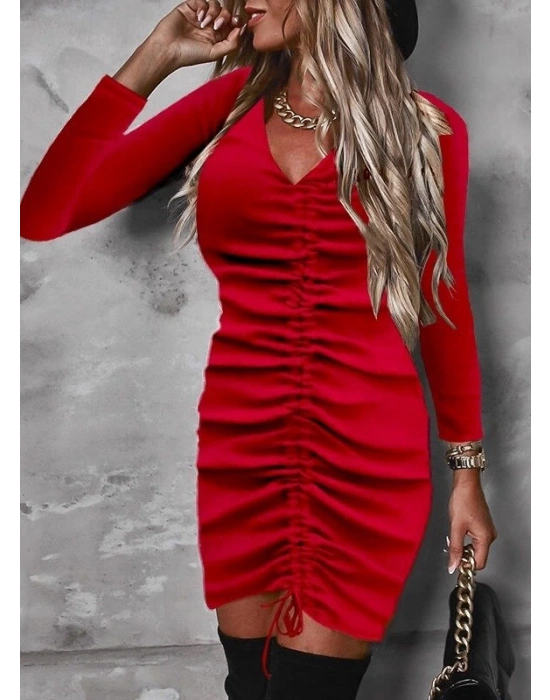 Kadın Uzun Kollu V Yaka önden Yırtmaç Büzgü Detay Kaşkorse Mini Boy Elbise
