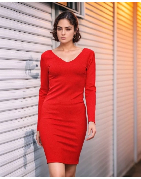 Kadın Uzun Kollu V Yaka Sırt Dekolteli Scuba Dalgıç Kumaş Mini Elbise