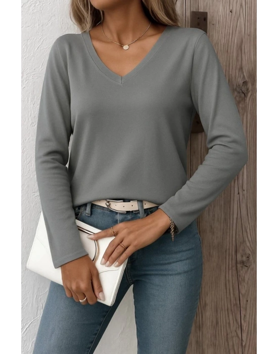 Kadın Uzun Kollu V Yaka Triko Bluz