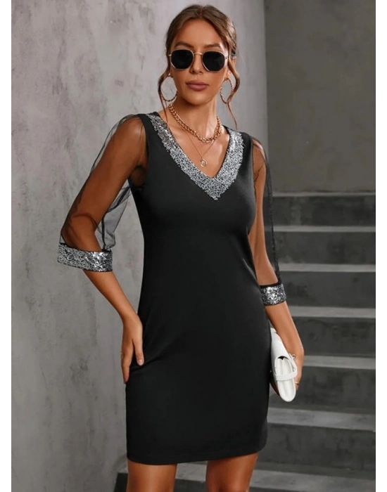 Kadın Uzun Kollu V Yaka Ve Kol Ucu Pul Payet Krep Elbise